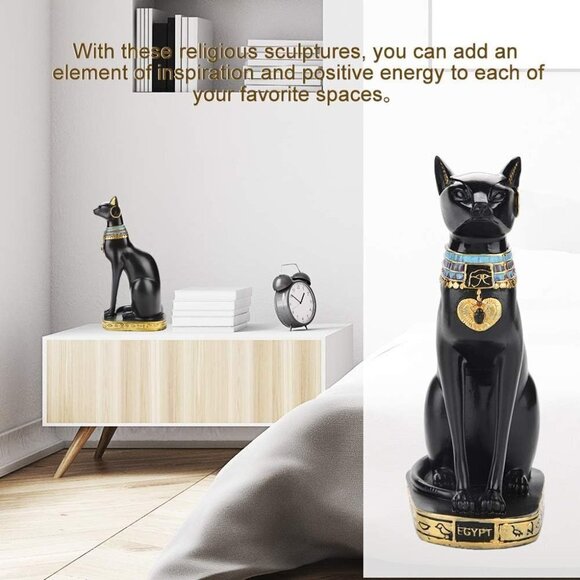 Resin,Ceramic Egyptian Handcrafted Cat Sculpture for Home Room Garde Black,Gold - Picture 2 of 9